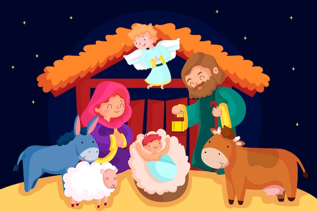 Free vector nativity scene with animals and stable