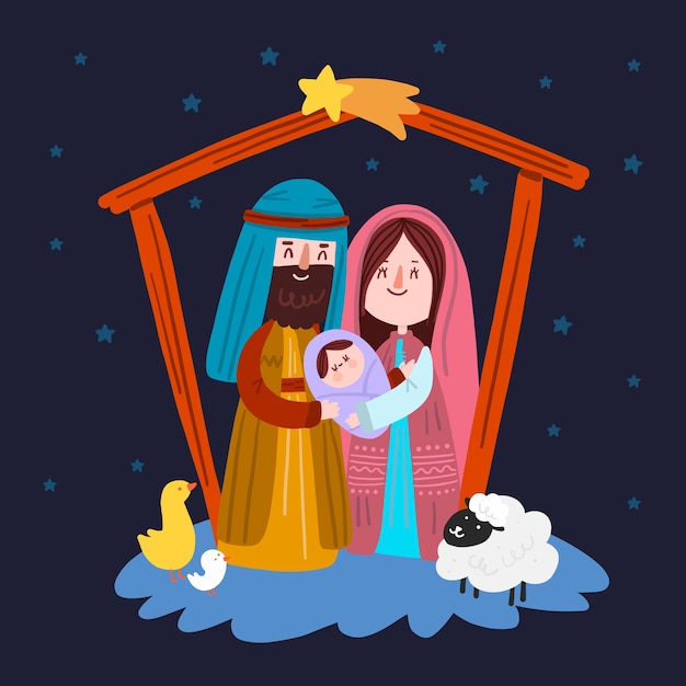 Free vector nativity scene with falling stars and animals