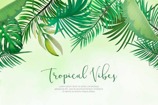 Natural background with hand painted tropical leaves