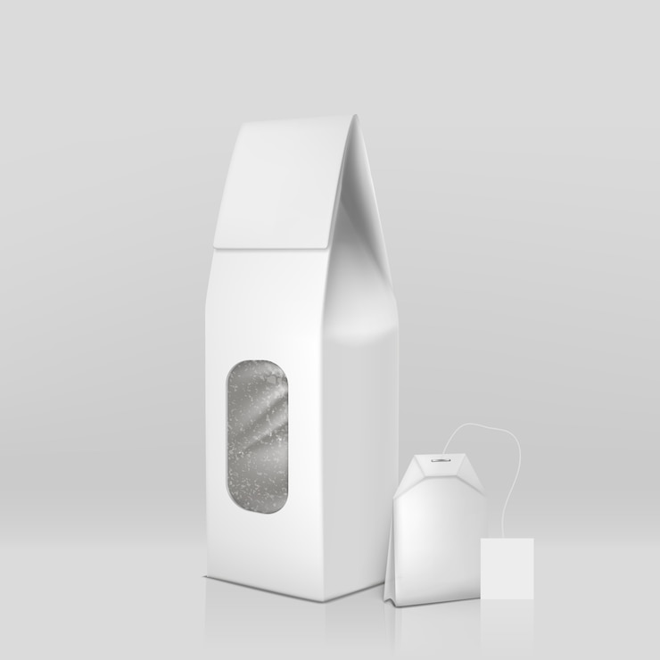 Free Vector natural black tea packaging 3d realistic with teabag and blank white, air-tight sealed paper 