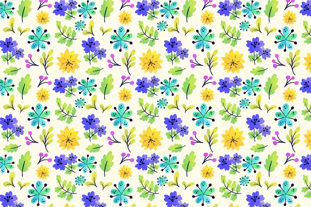 Natural colourful ditsy flowers and leaves background