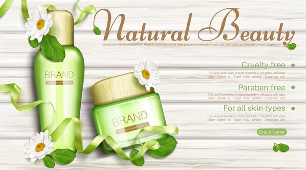 Natural cosmetics bottle and cream jar with chamomile and green leaves banner template. Eco cosmetic beauty product paraben and cruelty free for all skin types