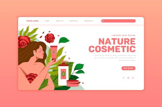 Free vector natural cosmetics and girl landing page