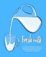 Vettore gratuito modello di prodotto naturale del diario con latte fresco che versa dalla brocca alla tazza di vetro su priorità bassa blu