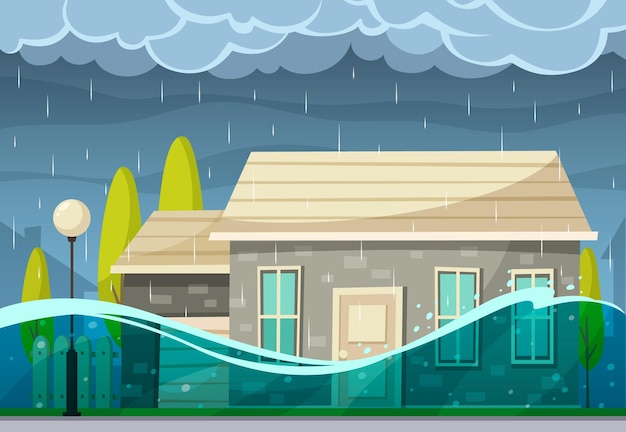 無料ベクター 住宅と洪水の水と雨雲と屋外の風景の自然災害漫画の構成