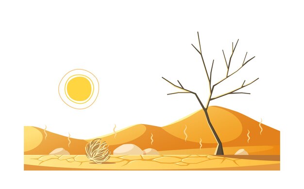 Карикатурная композиция о стихийных бедствиях с открытым ландшафтом с векторной иллюстрацией сухого дерева и горячих песков