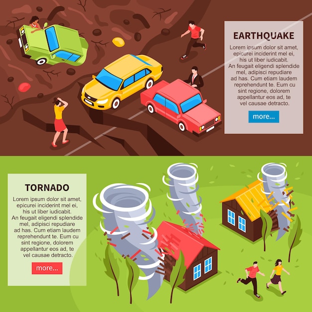 Бесплатное векторное изображение Горизонтальные баннеры стихийных бедствий с изометрическими композициями землетрясения и торнадо