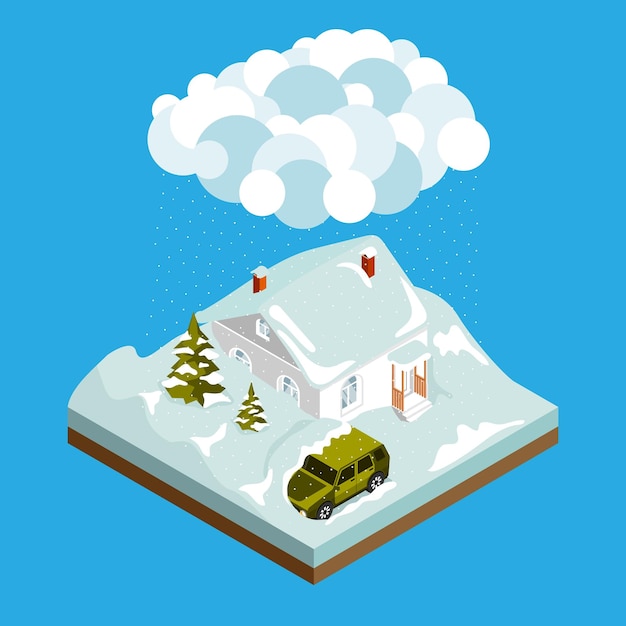 Composizione isometrica nei disastri naturali con la casa e l'auto sepolta nella neve durante le abbondanti nevicate su sfondo blu illustrazione vettoriale 3d