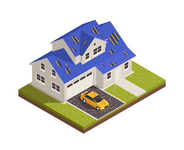 Free vector natural disaster isometric composition with view of house after earthquake with glass shards and holes in roof vector illustration