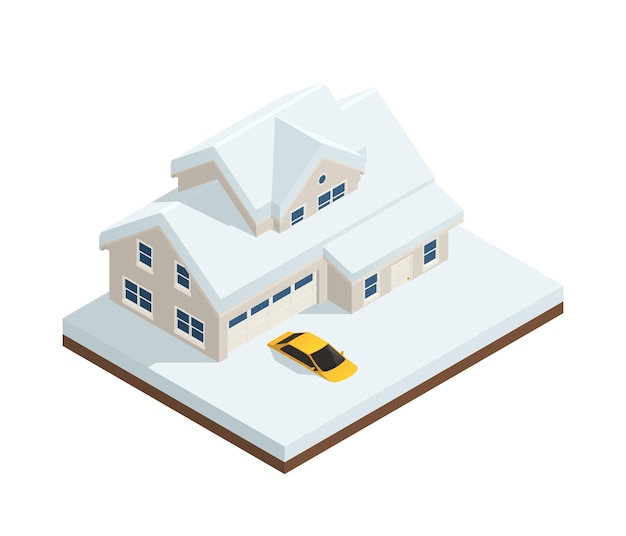 Изометрическая композиция стихийного бедствия с видом на дом и машину, похороненную в снегу, векторная иллюстрация