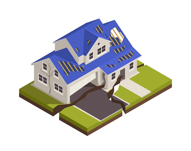 Free vector natural disaster isometric composition with view of house cracked by earth break vector illustration