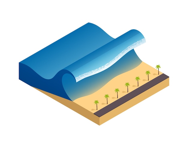 Изометрическая композиция стихийного бедствия с видом на морское побережье, покрытое векторной иллюстрацией волн цунами