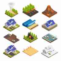 Free vector natural disaster isometric icon set with wildfire tsunami tornado flood drought snow hail and other vector illustration