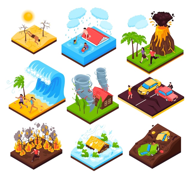 Natural disaster isometric compositions set – free vector download