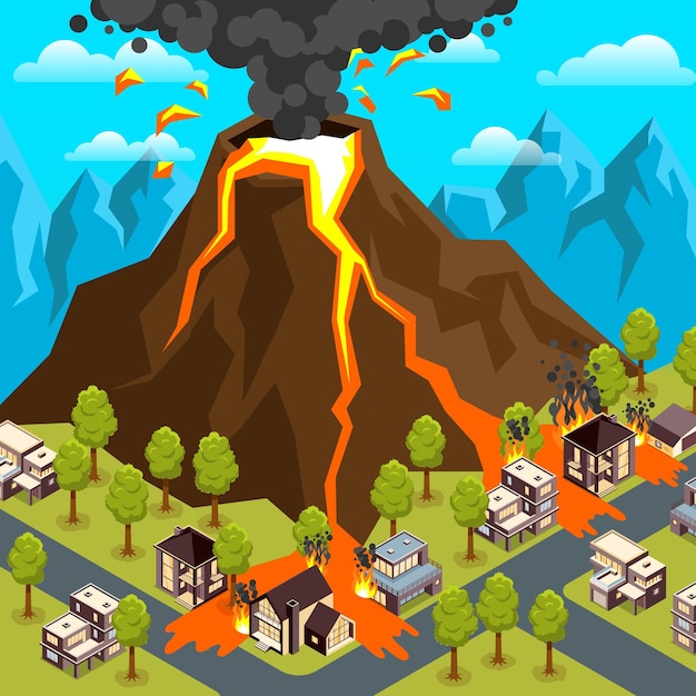 Пейзаж извержения вулкана стихийного бедствия с потоками лавы и горящими домами 3d изометрическая векторная иллюстрация
