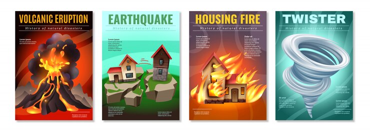 無料Vector 自然災害地震住宅火災竜巻ツイスター火山噴火分離で設定された4つのカラフルなポスター