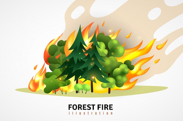 자연 재해 만화 디자인 개념 성 난 화재 그림에 숲에서 녹색 침엽수 림과 낙엽수를 보여