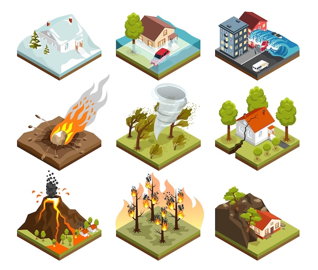 Free vector natural disasters isometric set with flood volcanic eruption earthquake tsunami avalanche forest fire meteorite tornado landslide isolated 3d vector illustration