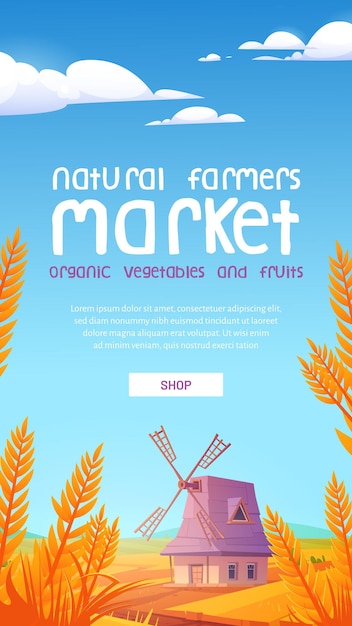Banner web del fumetto del mercato agricolo naturale, promo