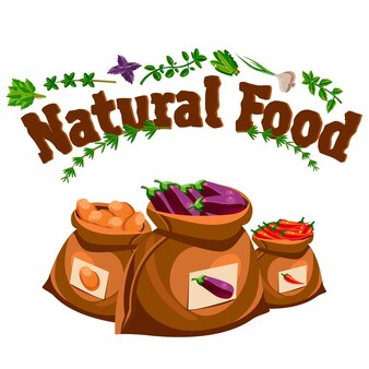 Natural food, farm products banner and bags with vegetables
