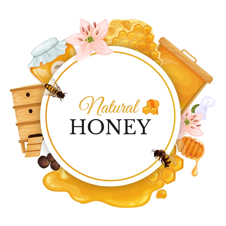 Free Vector natural honey round frame decorated with honeycombs beehive and bees realistic vector illustration