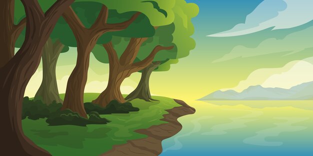 ナトルア山の湖の太陽の朝の美しいイラスト プレミアムベクター