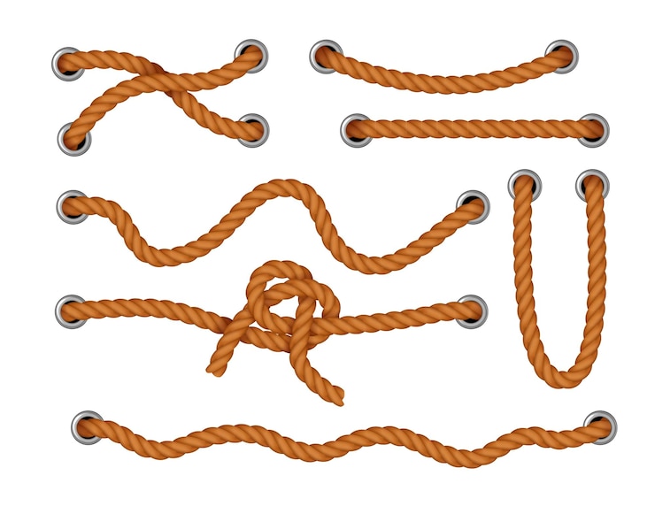 Free Vector natural jute or silk cords threaded through metal holes realistic collection isolated at white background vector illustration