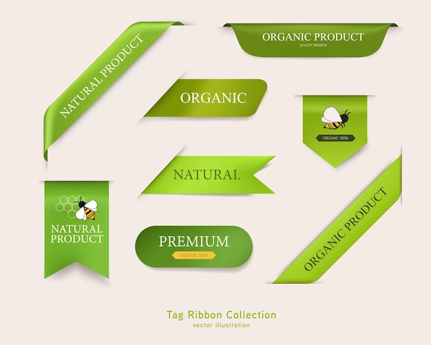 Vettore gratuito etichetta naturale e colore verde del nastro organico progettazione di etichette e distintivi verdi prodotto naturale