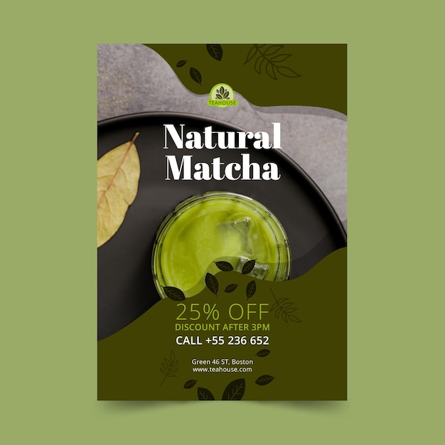 Vettore gratuito modello di poster di tè matcha naturale