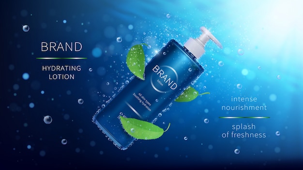 Free vector natural mint cosmetic realistic ads poster. bottle with lotion and green leaves on blue underwater with air bubbles