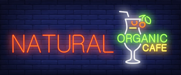 Бесплатное векторное изображение Природный органический кафе неоновый знак