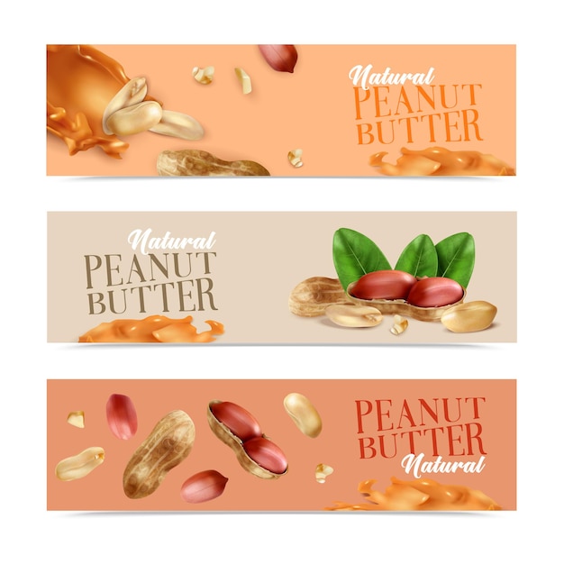 Free vector natural peanut butter horizontal banners with peeled nuts and nuts in shell