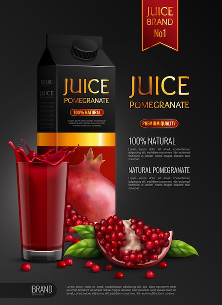 Free vector natural pomegranate juice advertising realistic composition black   with package seeds and full glass