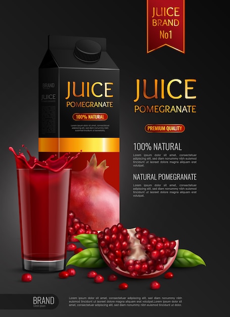 Natural pomegranate juice advertising realistic composition black   with package seeds and full glass