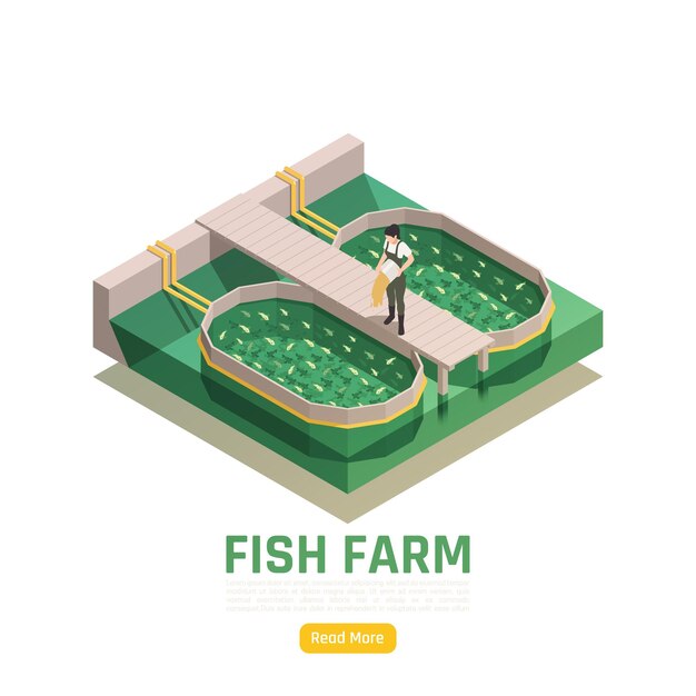 Natural resources aquaculture isometric illustration with fish farm production worker feeding fingerlings 