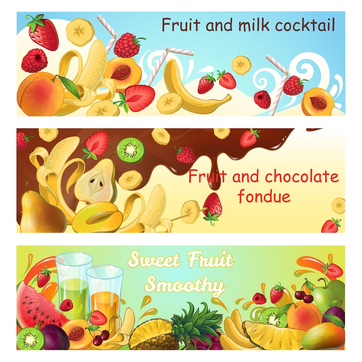 Free Vector natural sweet products horizontal banners with fresh organic fruits milk and chocolate splashes and flows