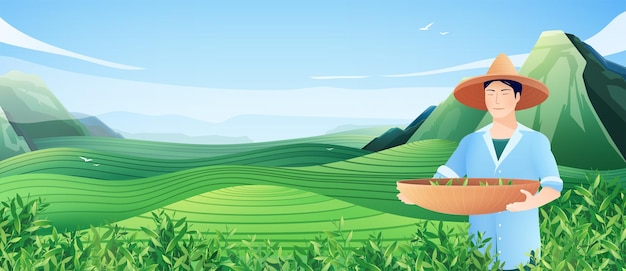 Бесплатное векторное изображение Горизонтальная иллюстрация производства натурального чая с китайским мужчиной, занятым сбором урожая на плоской иллюстрации чайной плантации