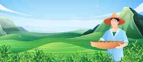 Free vector natural tea production horizontal illustration with chinese man busy harvesting on tea plantation flat illustration