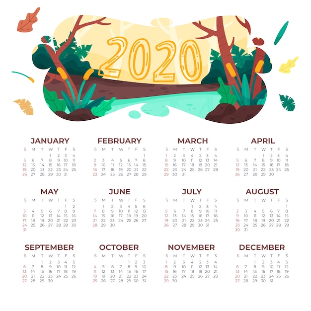 Free vector nature 2020 calendar template