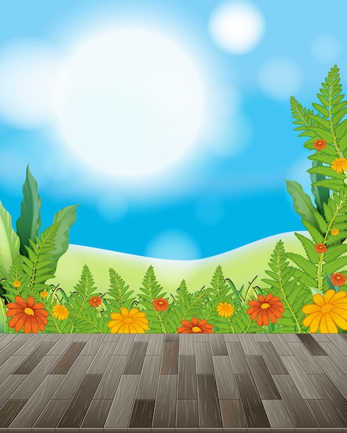 Free vector nature background with flower field and green grass