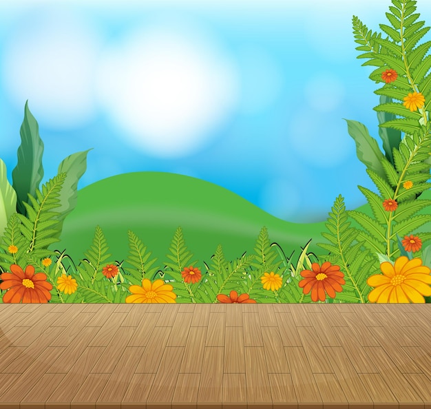 Free vector nature background with flower field and green grass