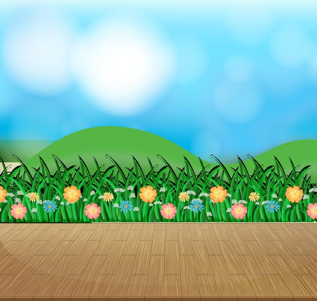 Nature background with flower field and green grass