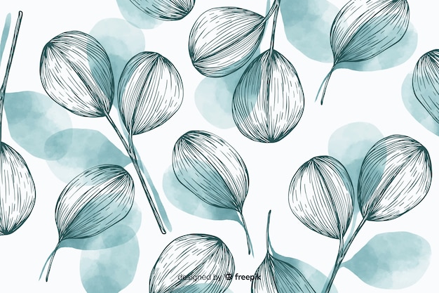 Nature background with hand drawn leaves Free Vector
