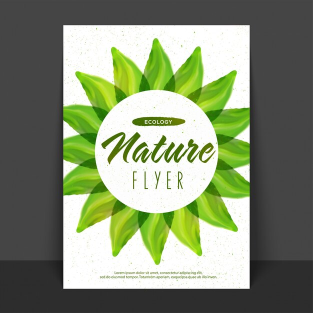  Nature Flyer, Template or Banner with glossy green leaves for Ecology concept. 