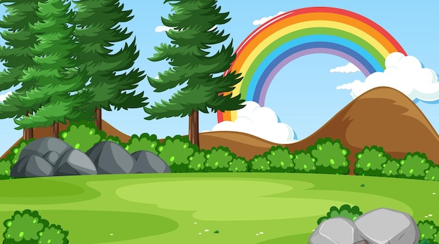 空に虹のある自然林のシーン