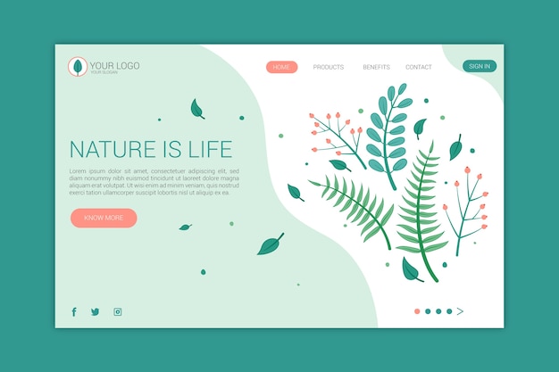 無料ベクター 手描きの自然のランディングページ