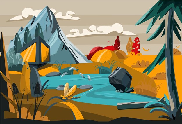 Free vector nature landscape cartoon colored background with mountains river and exotic plants flat vector illustration