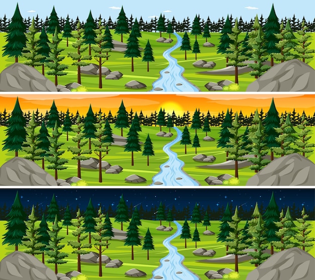 Free vector nature landscape scene at different times of day