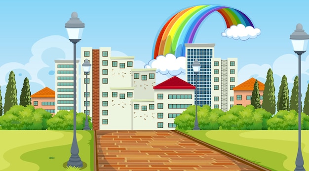 Nature landscape scene with many buildings in the city background – Free Vector Illustration Download