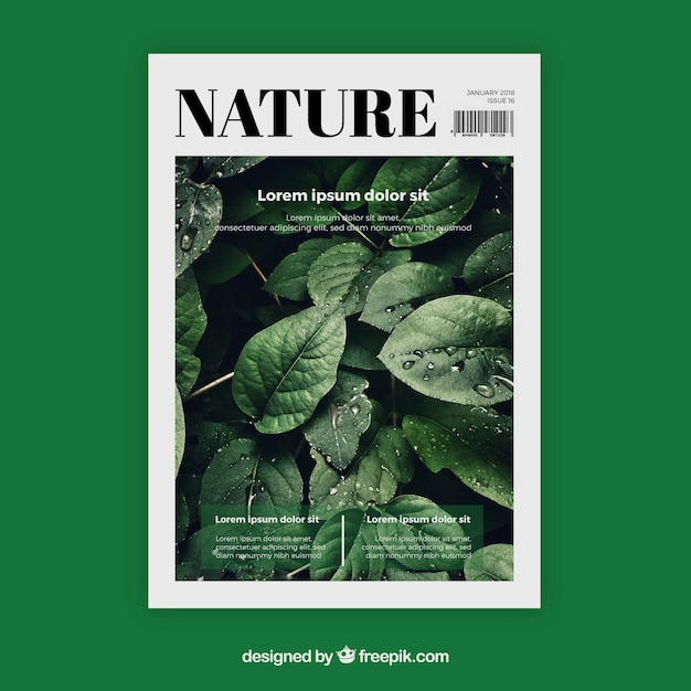 Vettore gratuito modello di copertina della rivista natura con foto